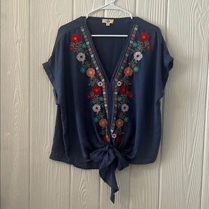 Entro Navy Top with Floral Embroidery